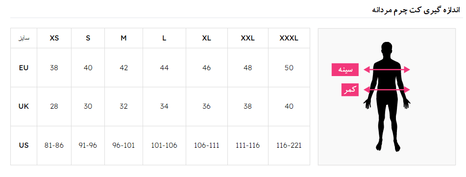 جدول اندازه گیری کت چرم مردانه
