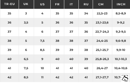 جدول اندازه گیری سایز کفش زنانه