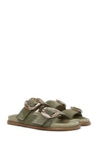 دمپایی زنانه جیر چرمی سبز با دو سگک دری مد