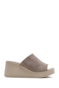 دمپایی زنانه چرم جیر طوسی پاشنه بلند دری مد