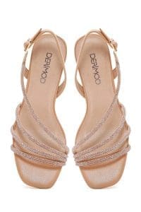 صندل زنانه بژ نگین‌دار مجلسی پاشنه نازک دری مد