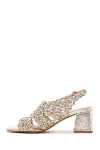 صندل زنانه طلایی بافت‌دار متالیک پاشنه کوتاه ضخیم دری مد