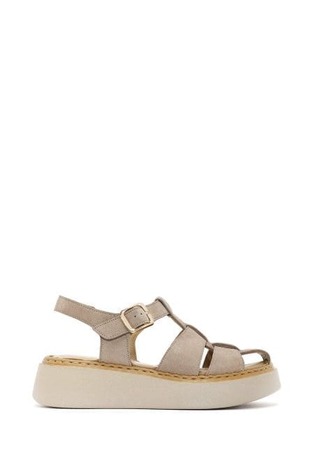 صندل زنانه طوسی چرم جیر بنددار تخت ضخیم راحتی دری مد