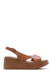 صندل زنانه عسلی کفی ضخیم چرمی راحتی دری مد