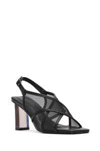 صندل زنانه مشکی بنددار پاشنه ضخیم پارچه‌ای دری مد