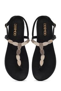 صندل زنانه مشکی چرم انگشتی بنددار پشت باز دری مد