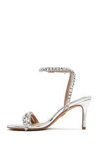 صندل زنانه نقره‌ای نگین‌دار پاشنه‌نازک بنددار دری مد