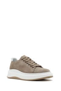 کتونی مردانه چرم نوبوک بژ بنددار زیره ضخیم دری مد