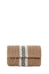 کیف دستی زنانه حصیری قهوه‌ای مینی با بند زنجیری بلند دری مد