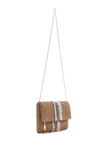 کیف دستی زنانه حصیری قهوه‌ای مینی با بند زنجیری بلند دری مد