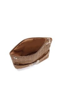 کیف دستی زنانه حصیری قهوه‌ای مینی با بند زنجیری بلند دری مد