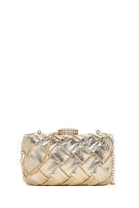 کیف دستی زنانه مجلسی طلایی مینی بافت‌دار با بند زنجیری بلند دری مد