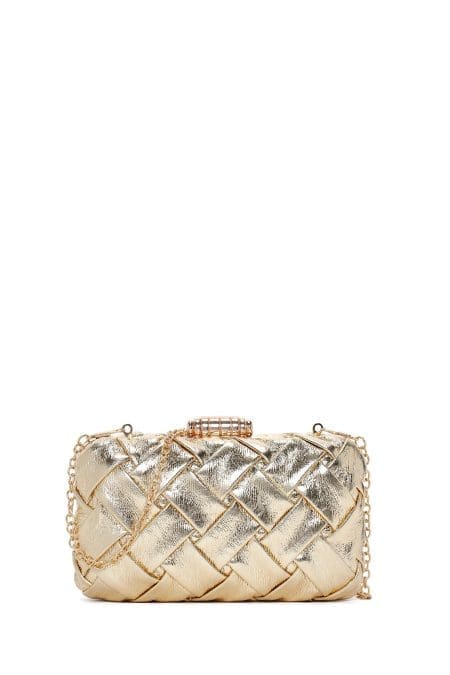 کیف دستی زنانه مجلسی طلایی مینی بافت‌دار با بند زنجیری بلند دری مد