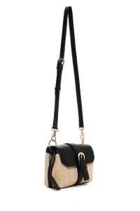 کیف زنانه حصیری دوشی مشکی بند بلند دری مد