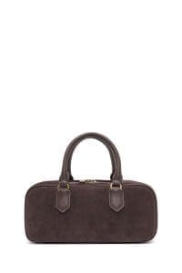 کیف زنانه دستی چرم جیر قهوه‌ای بند بلند دری مد