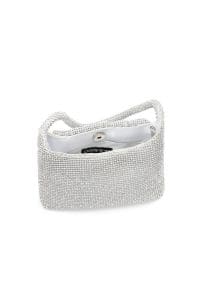 کیف زنانه مجلسی مینی دستی نقره‌ای بند زنجیری سنگ‌دوزی شده دری مد