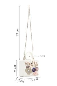 کیف زنانه کراس بادی سفید مینی مجلسی نگین‌دار زنجیردار باکس دری مد