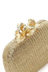 کیف مینی جعبه‌ای زنانه طلایی بند بلند نگین‌دار و حصیری دری مد