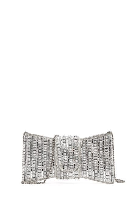 کیف مینی جعبه‌ای زنانه نقره‌ای بند بلند با سنگ دری مد