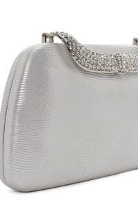 کیف مینی کلاچ زنانه نقره‌ای بند بلند زنجیری نگین‌دار دری مد