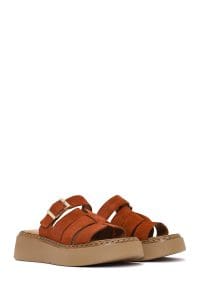 دمپایی راحتی زنانه چرم جیر دارچینی ضخیم‌تنه دری مد