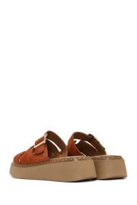 دمپایی راحتی زنانه چرم جیر دارچینی ضخیم‌تنه دری مد