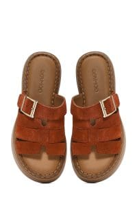 دمپایی راحتی زنانه چرم جیر دارچینی ضخیم‌تنه دری مد