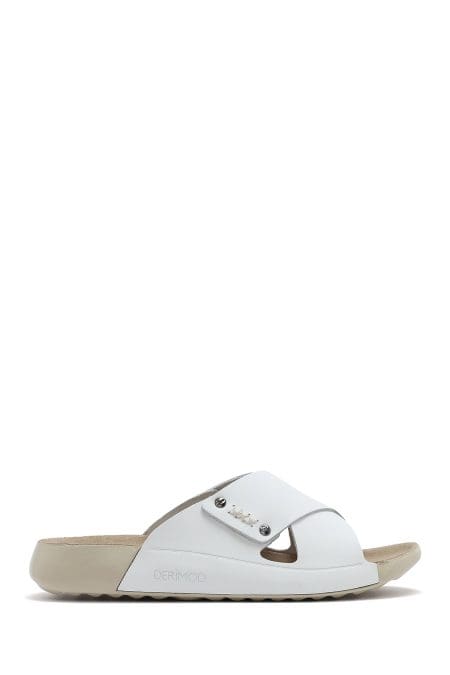 دمپایی راحتی زنانه چرم سفید ساده دری مد