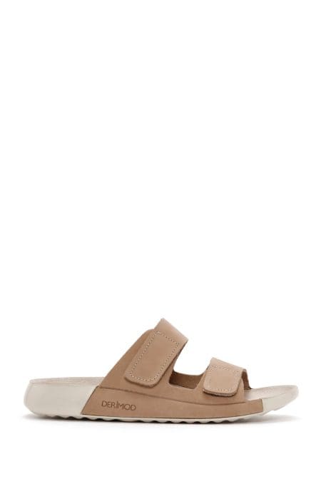 دمپایی راحتی زنانه چرم نوبوک بژ دو بندی دری مد