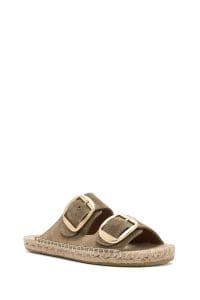 دمپایی زنانه اسپادریل چرمی جیر قهوه‌ای روشن سگک‌دار دری مد