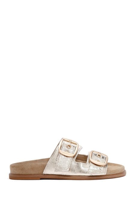 دمپایی زنانه متالیک طلایی سگک‌دار چرمی دری مد