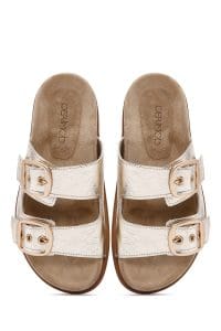 دمپایی زنانه متالیک طلایی سگک‌دار چرمی دری مد