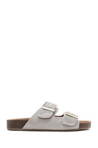 دمپایی زنانه چرم جیر طوسی دو سگکه دری مد