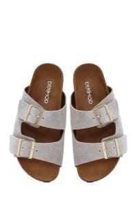 دمپایی زنانه چرم جیر طوسی دو سگکه دری مد