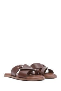 دمپایی زنانه چرمی قهوه‌ای ساده دری مد