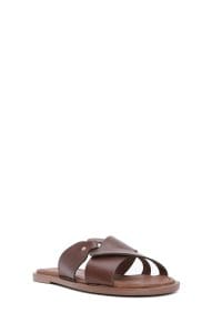 دمپایی زنانه چرمی قهوه‌ای ساده دری مد