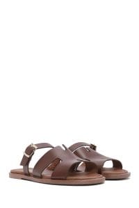 دمپایی زنانه چرمی قهوه‌ای سگک‌دار دری مد