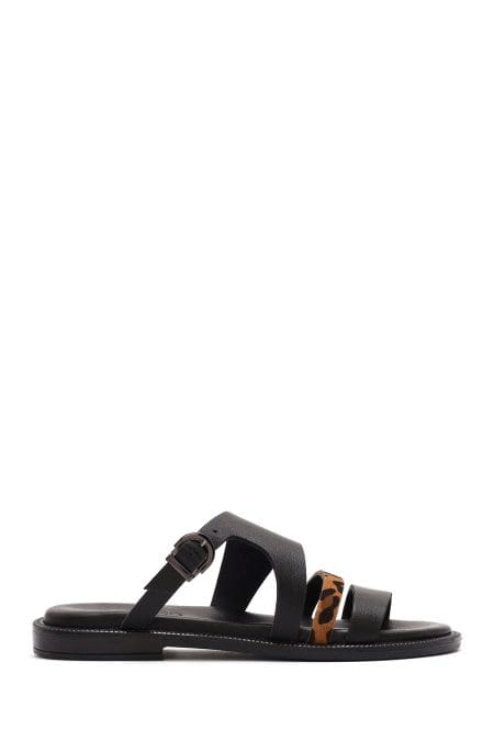 دمپایی زنانه چرمی مشکی با طرح پلنگی دری مد