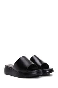 دمپایی زنانه چرمی مشکی با کف ضخیم دری مد