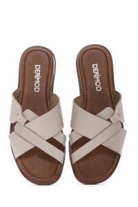 دمپایی زنانه چرمی کرم ساده دری مد