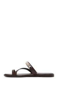 دمپایی لاانگشتی زنانه چرم قهوه‌ای با نگین دری مد