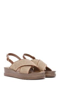 صندل زنانه بژ سگک‌دار تخت ضخیم حصیری پشت باز دری مد