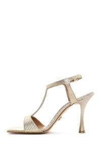 صندل زنانه طلایی بندی طرح‌دار چرم پاشنه نازک بلند دری مد