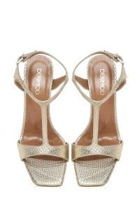 صندل زنانه طلایی بندی طرح‌دار چرم پاشنه نازک بلند دری مد