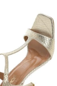 صندل زنانه طلایی بندی طرح‌دار چرم پاشنه نازک بلند دری مد