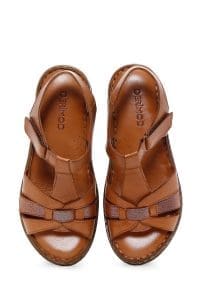 صندل زنانه عسلی بندی کفی ضخیم چرمی راحتی دری مد