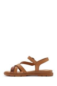 صندل زنانه قهوه‌ای روشن چرم بنددار دری مد