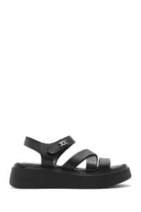 صندل زنانه مشکی چرم بنددار تخت ضخیم راحتی دری مد