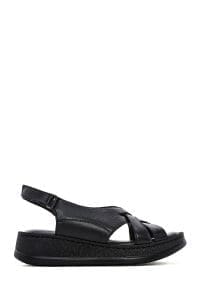 صندل زنانه مشکی چرم تخت ضخیم راحتی دری مد