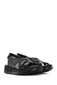 صندل زنانه مشکی چرم تخت ضخیم راحتی دری مد